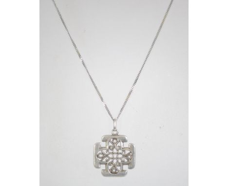 A silver 925 curb link necklace chain with Celtic cross pendant. Chain measures 16 inches weighs 4.9 grams