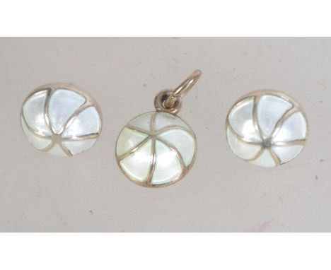 A vintage David Andersen silver and lustre enamel pendant and earring set of domed form. Measures pendant 1cm, earrings 1cm. 