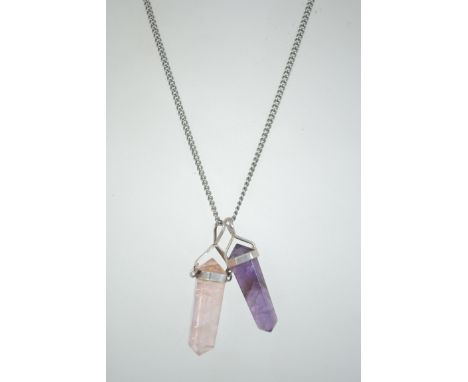 A silver 925 curb link necklace chain with an unusual trombone style clasp with two crystal drop pendants of similiar form on