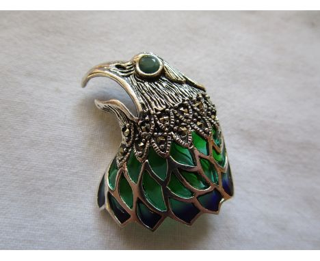 Silver champlevé enamel &amp; emerald bird brooch