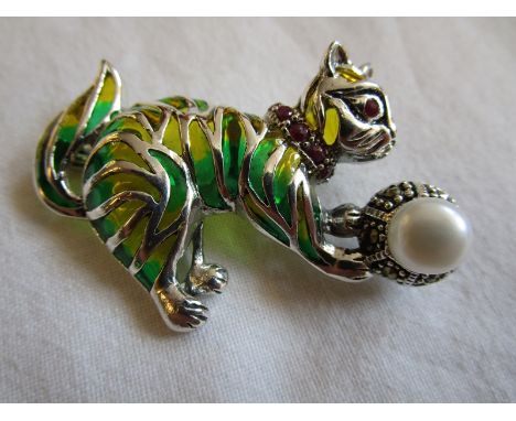 Silver champlevé enamel, ruby &amp; pearl cat brooch