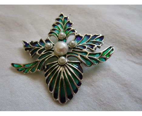 Silver, pearl &amp; champlevé enamel brooch