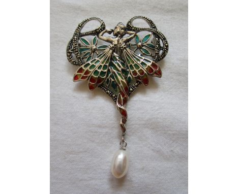 Silver champlevé enamel &amp; pearl Art Nouveau style brooch