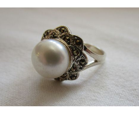 Silver, marcasite &amp; pearl cluster ring