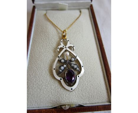 Amethyst, pearl &amp; champlevé enamel pendant on chain