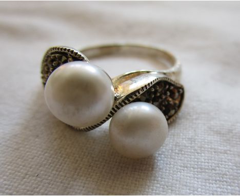 Silver, pearl and marcasite ring
