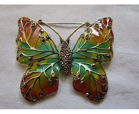 Silver and champlevé enamel butterfly brooch