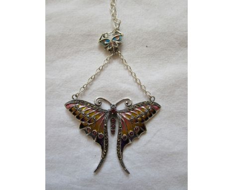 Silver champlevé enamel stone set butterfly pendant