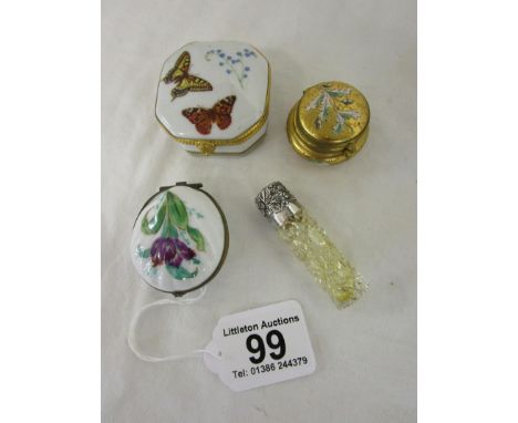 3 pill boxes and silver topped scent bottle