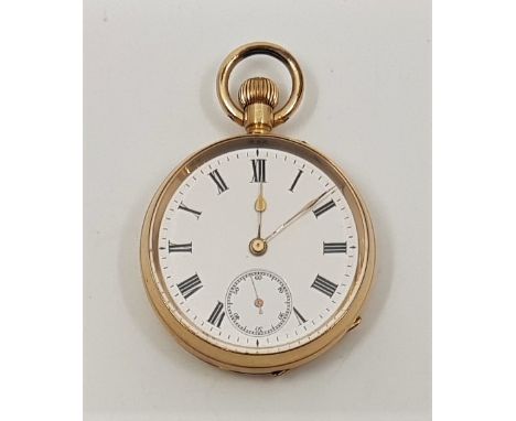 A Swiss 14ct. gold ladies' pocket watch, crown wind, having white enamel Roman numeral dial with Arabic numeral subsidiary se