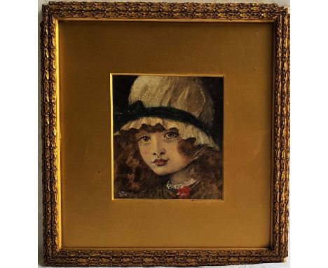 A 20th century portrait of a girl wearing a bonnet,&nbsp;gouache and watercolour on card, monogrammed lower left, image 17.5 