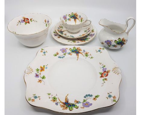 A scarce Tuscan China "Carola Birds" pattern part tea service; comprising twelve each: tea cups, saucers and side plates toge