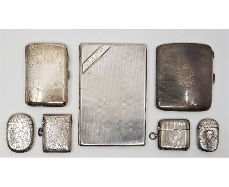 A collection of silver cigarette and vesta cases: to include; an engine turned silver cigarette case, by S J Rose &amp; Son, 