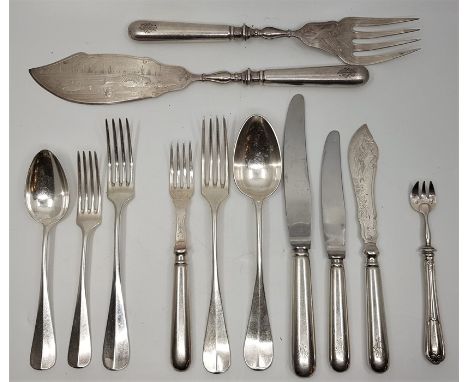 A matched Art Krupp Berndorf/WMF/Christofle canteen of silver plated flatware for twelve, comprising; Art Krupp - Pair of Fis