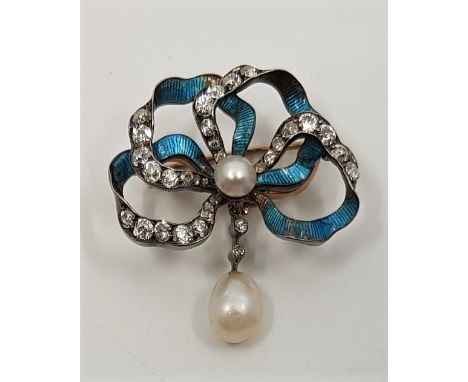A late Victorian/early Edwardian precious metal, diamond, pearl and enamel pendant/brooch, in the form of a turquoise guilloc
