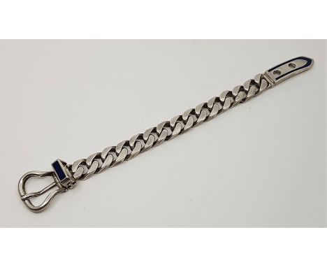 A vintage Gucci heavy flat curb link sterling silver bracelet with blue enamel detail and buckle clasp, c.1970's, stamped "Br