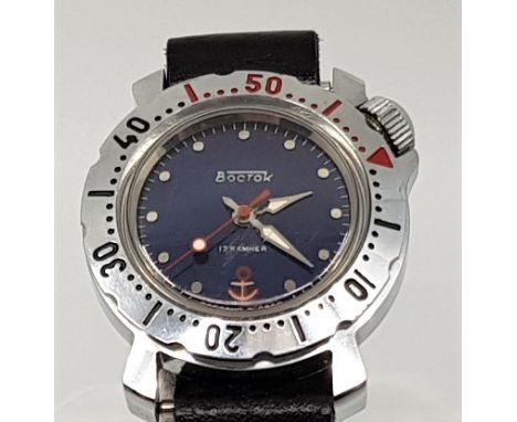 A vintage Russian Vostok Boktok stainless steel Military wrist watch, manual movement, having signed blue dial, rotating 60 m