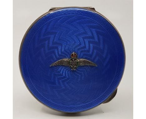 WWII/RAF interest; A silver and blue guilloche enamel compact, by John William Barrett, assayed Birmingham 1944, the enamelle