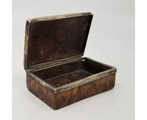 A George III silver mounted burr yew wood snuff box, the base engraved and dated 1791, (unmarked white metal assessed as silv