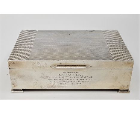 A silver rectangular cigarette box, by Joseph Gloster Ltd, assayed Birminghamn 1961, having engine turned lid with engraved p