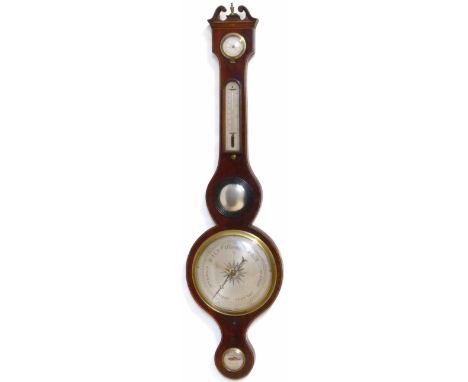 Mahogany banjo barometer with silvered hygrometer, thermometer, mirror, forecasting dial and level, fitted with a column of m