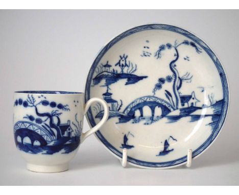Caughley coffee cup and saucer circa 1780, printed with the Bridge and Windmill pattern in underglaze blue, 'S' mark to base 