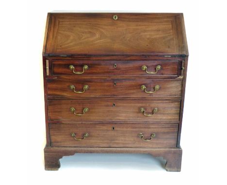 George III mahogany bureau, the fall revealing a fitted interior over four long drawers, on bracket feet, width 92cm.