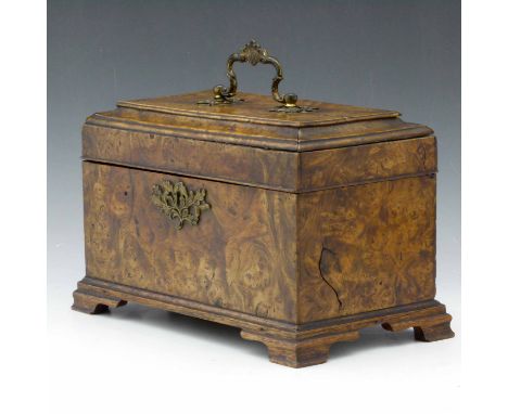 George III burr elm tea caddy with gilt brass fittings, the interior re-fitted with three open divisions, raised on ogee brac