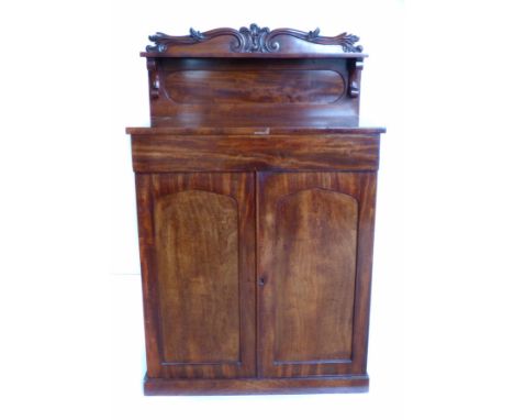 William IV mahogany side cabinet.  Moulded back board with shelf support by 'C' scroll brackets, rectangular top above frieze