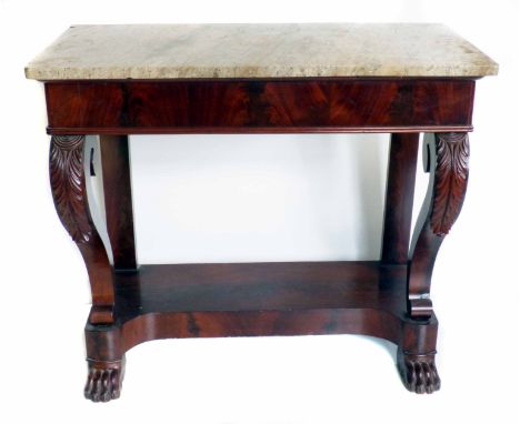 William IV mahogany console table, marble top above 13cm (5in) frieze, two scroll legs with moulded acanthus leaf shoulder, p