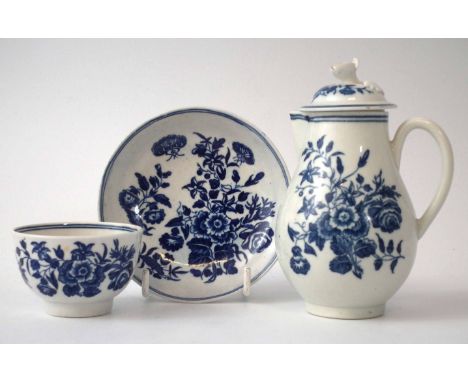 Worcester sparrow beak jug and cover circa 1770, together with a teabowl and saucer, printed with three flower pattern in und