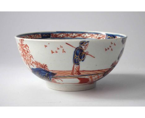 Vauxhall teabowl circa 1755, painted with a figure crossing a bridge in an imari palette, 9cm diameter     Condition report: 