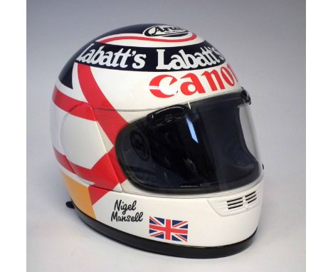 Arai 1:1 full scale replica of the Nigel Mansell Quantum helmet, size M, with Labatt's and Canon sponsor decals, with box, fa