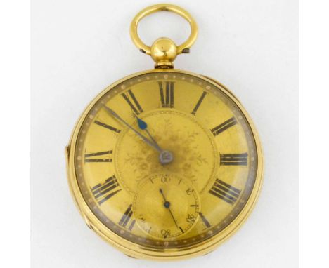 18ct gold open faced pocket watch, case London 1875, gilt Roman dial, subsidiary seconds, engine turned case 5cm, gold cuvett