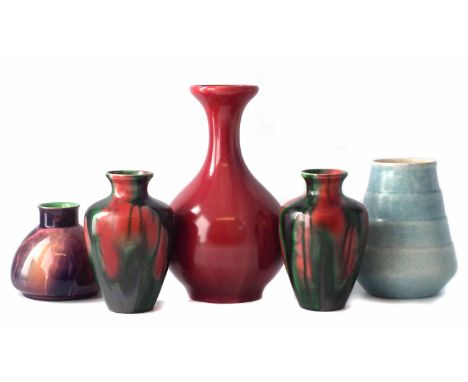 Five Art Pottery vases, to include a red soufflé glazed Pilkington's Royal Lancastrian vase, shape number 2096, a pair of Min