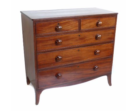 Early 19th century mahogany chest of two short and three long drawers.  Top with three reed edge, drawers with cock beading, 