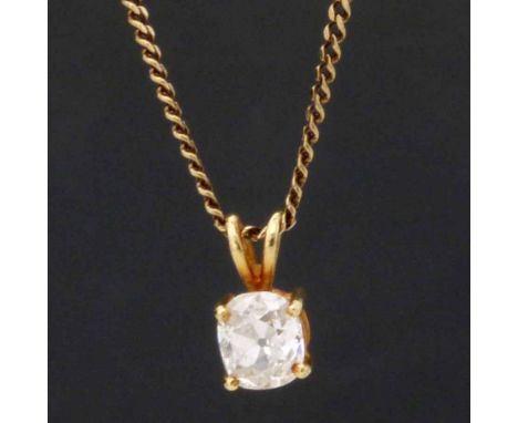 Single stone diamond pendant, cushion cut, ~5 x 6mm, in 750 gold mount on 375 gold chain, gross weight 3.0g