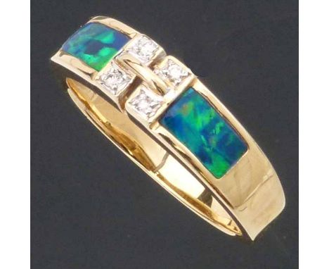 Modern design opal doublet and diamond ring set in 14K (585) yellow gold, ring size N, gross weight 4.1g