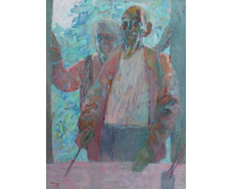 Hans Schwarz (Austrian/British, 1922-2003),  Self Portrait with Lena, signed and dated '02, oil on board, 121.5 x 90.5cm.; 47