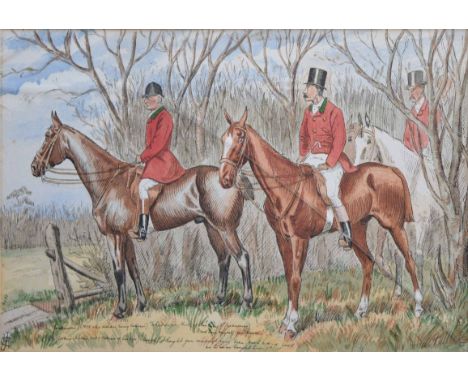 J.C.H. 19th/20th century,  Hunting scene with huntsmen in woodland, monogrammed and dated 1890, watercolour and ink, 33 x 50.