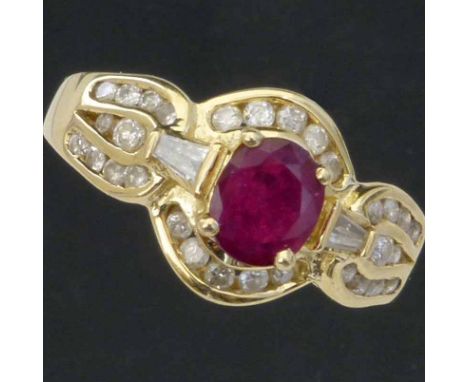 14ct (585) gold ruby and diamond ring, the central stone surrounded by small brilliants and baguettes, ring size N, gross wei