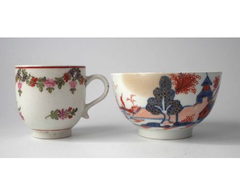 Lowestoft coffee cup circa 1780, painted with floral swags in polychrome  also a Redgrave/ Dolls House pattern bowl painted i