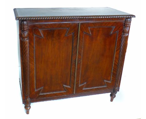 William IV mahogany side cabinet, rectangular top, cross banded in rosewood with gradoon moulded edge, two cupboard doors wit