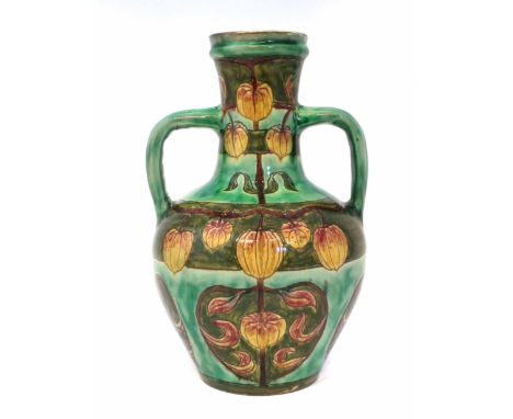 Della Robbia twin-handled vase circa 1900, incised and painted with Chinese Lantern plant (physalis) design by Ruth Bare, kno