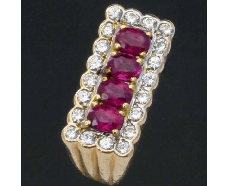 Art deco style ruby and diamond ring, the rectangular setting on a reeded 585 gold shank, ring size  N, gross weight 8.1g (ru