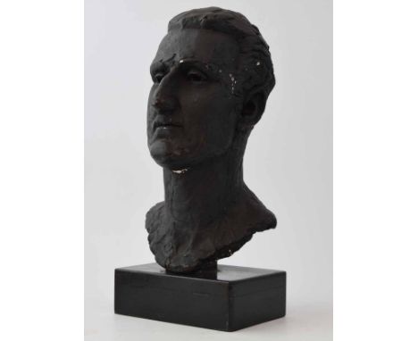 British School, 20th century,  Male portrait bust, monogrammed and dated 'Sept. 1957', height 50cm.; 19.75in (including woode