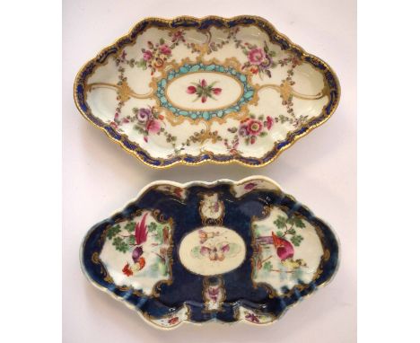 Two Worcester spoon trays circa 1770, the first painted with floral sprays within gilt scrollwork cartouches with central tur