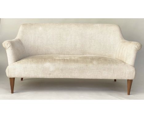 PINCH GODDARD SOFA, with pale linen upholstery, by Rosie Uniake, with spring back and seat and tapering turned supports, 188c