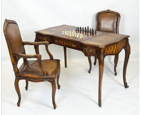 THEODORE ALEXANDER GAMES TABLE/DESK, Louis XV design with leather top, three drawers, a central sliding chessboard and backga