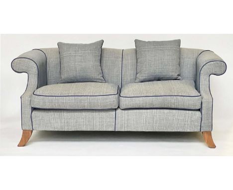 LINLEY SOFA, Bespoke Linley made with blue trim over scroll arms and splay feet, 205cm W. 